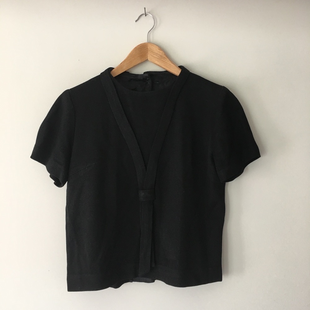Vintage Black Short Sleeve Blouse with Tie Feature